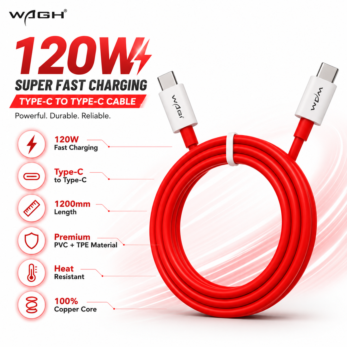 WAGH® 120W Super Fast Charging Type-C to Type-C Cable (1.2m / 1200mm) – Ultra-Durable Red Cable