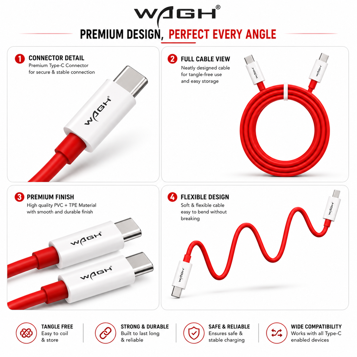 WAGH® 120W Super Fast Charging Type-C to Type-C Cable (1.2m / 1200mm) – Ultra-Durable Red Cable