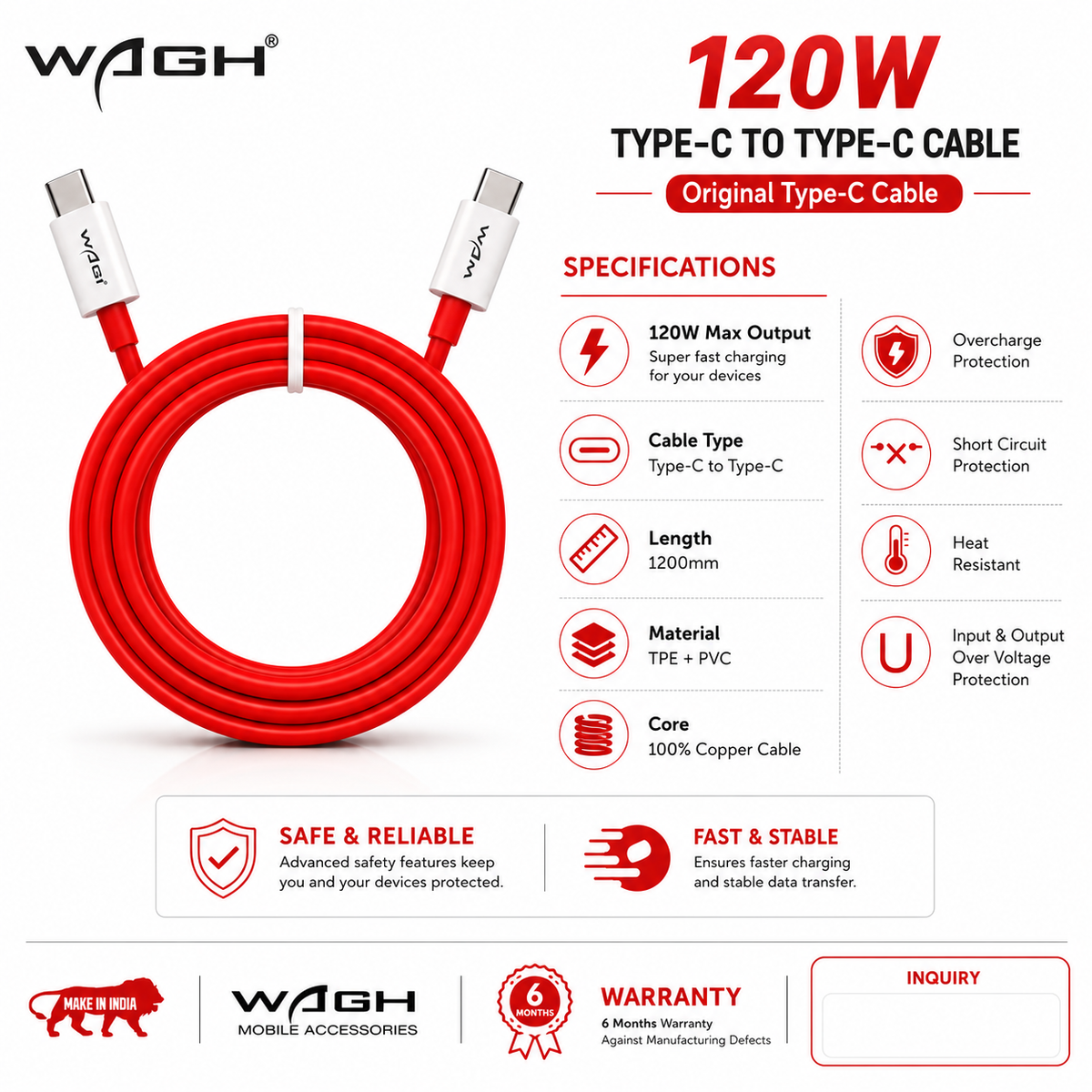 WAGH® 120W Super Fast Charging Type-C to Type-C Cable (1.2m / 1200mm) – Ultra-Durable Red Cable