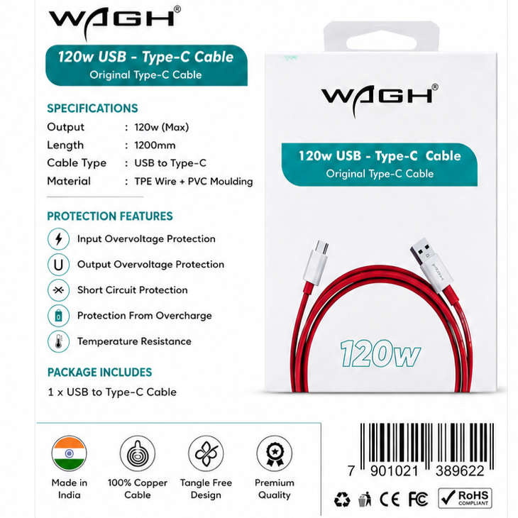 WAGH 120W USB to Type-C Cable - 1.2M (1200mm) Super Fast Charging Cable