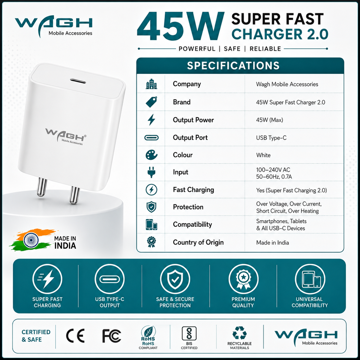Wagh 45W USB To Type-C Super Fast Charging
