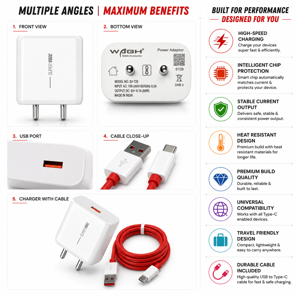 Wagh 80W  Super Charger USB TO Type-C with Cable