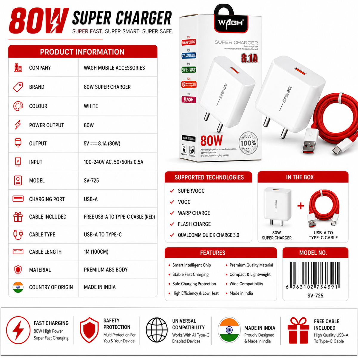 Wagh 80W  Super Charger USB TO Type-C with Cable