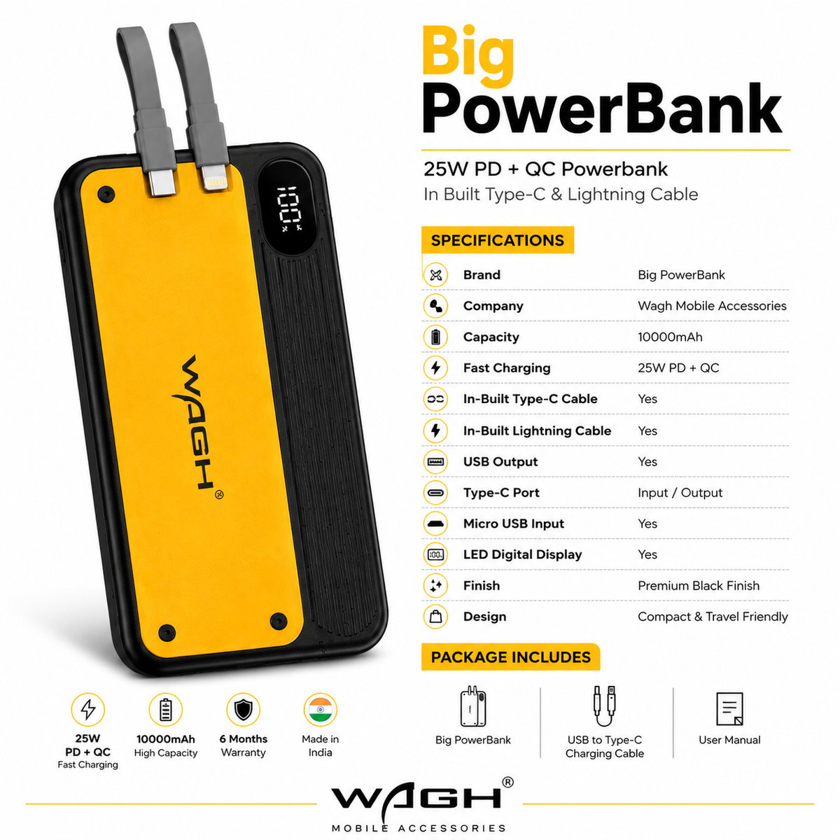 Wagh 10000mAh Type-C & Lightning Mini Power Bank