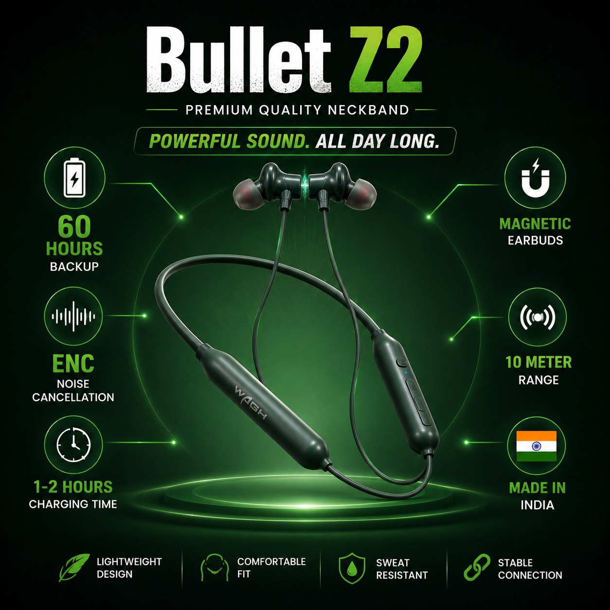 WAGH Bullet Z2 Wireless Green Neckband