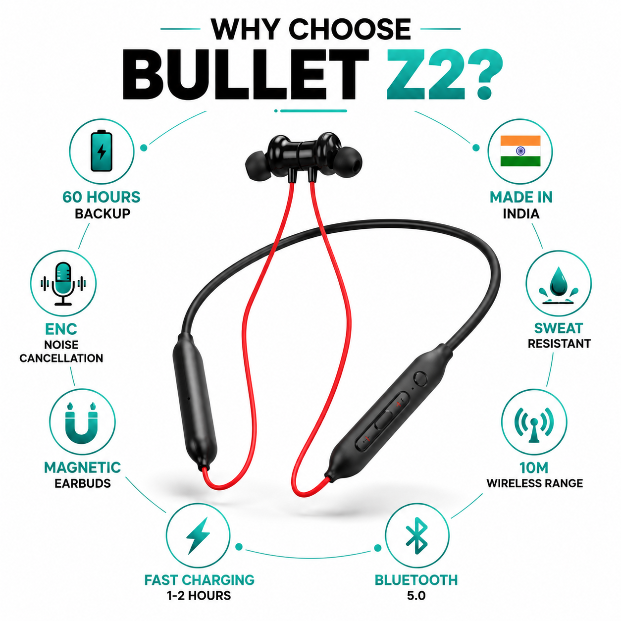 WAGH Bullet Z2 Wireless Red With Black Neckband