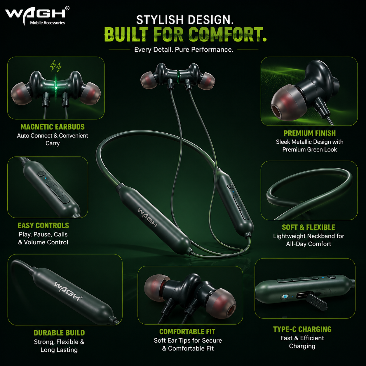 WAGH Bullet Z2 Wireless Green Neckband