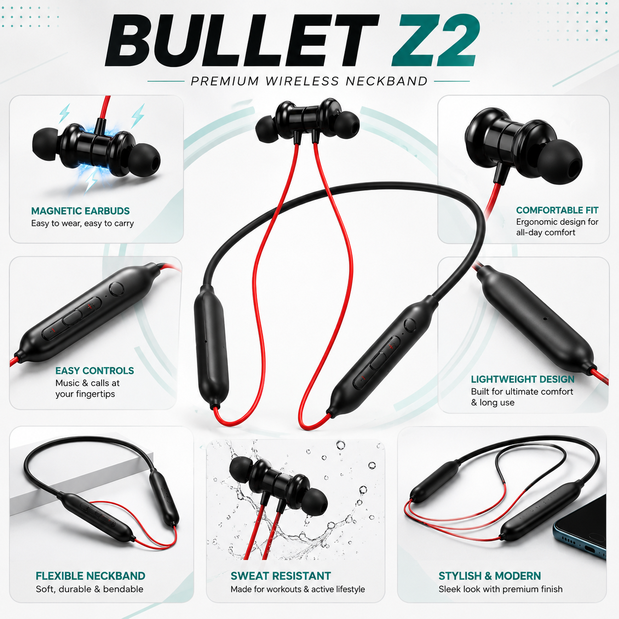 WAGH Bullet Z2 Wireless Red With Black Neckband