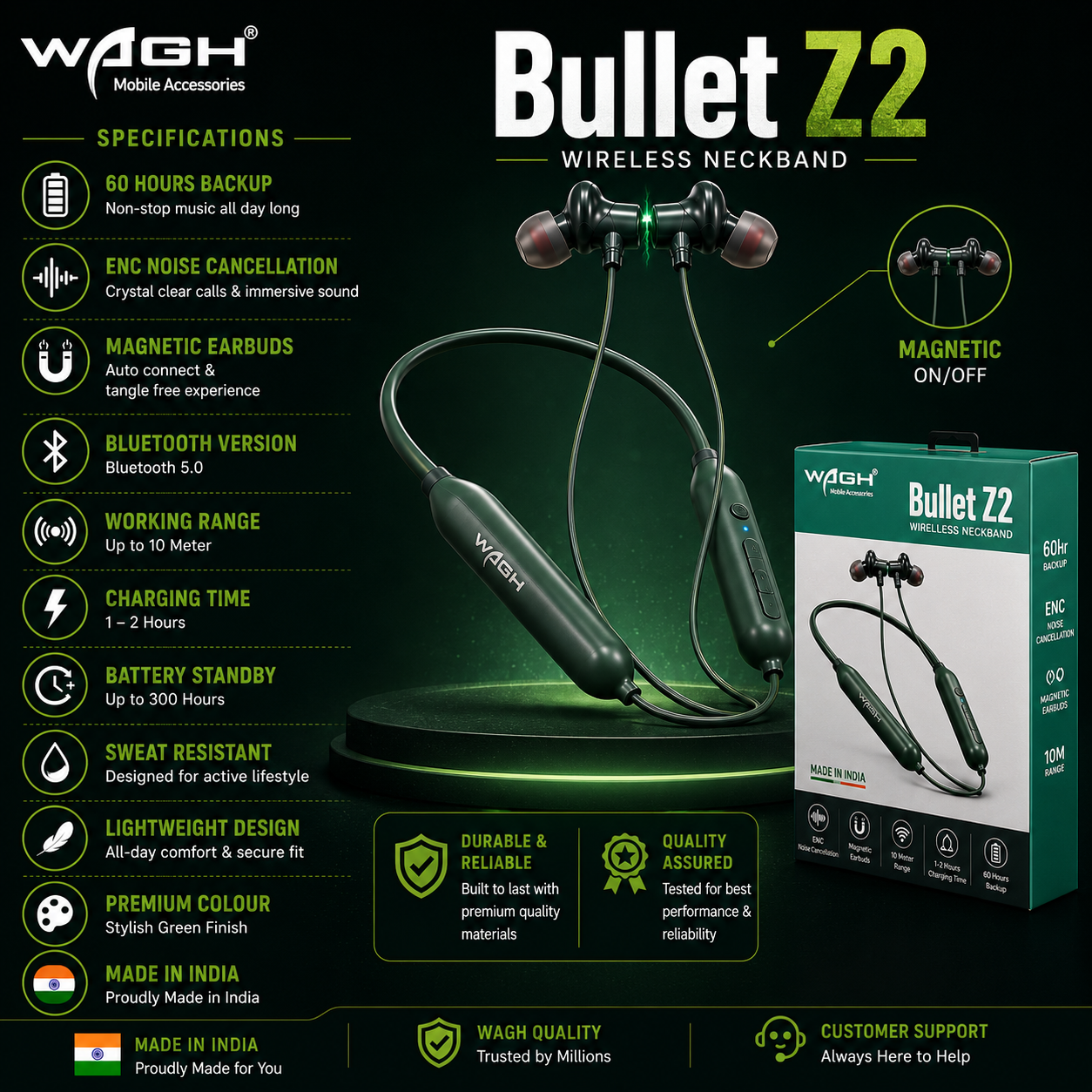 WAGH Bullet Z2 Wireless Green Neckband