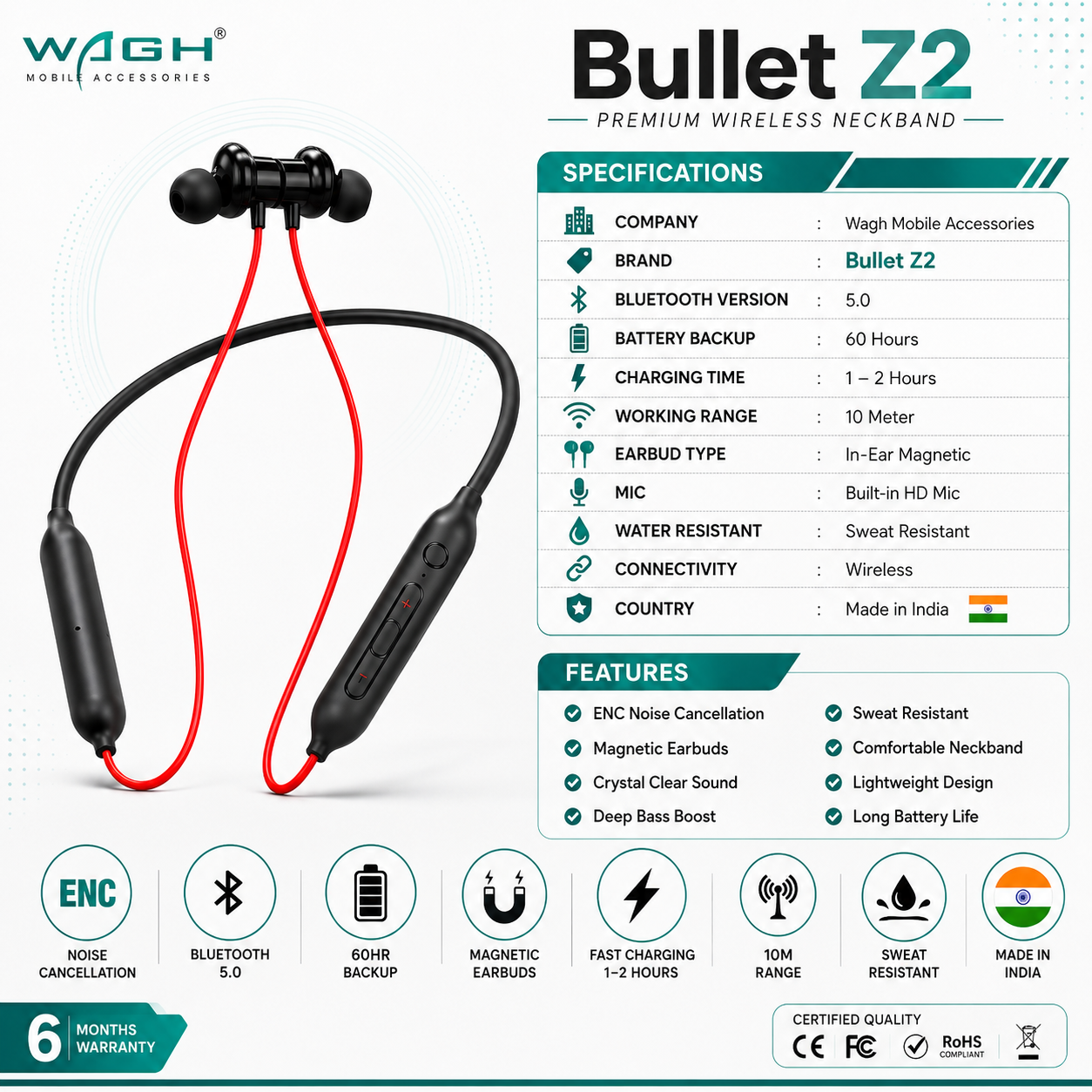 WAGH Bullet Z2 Wireless Red With Black Neckband
