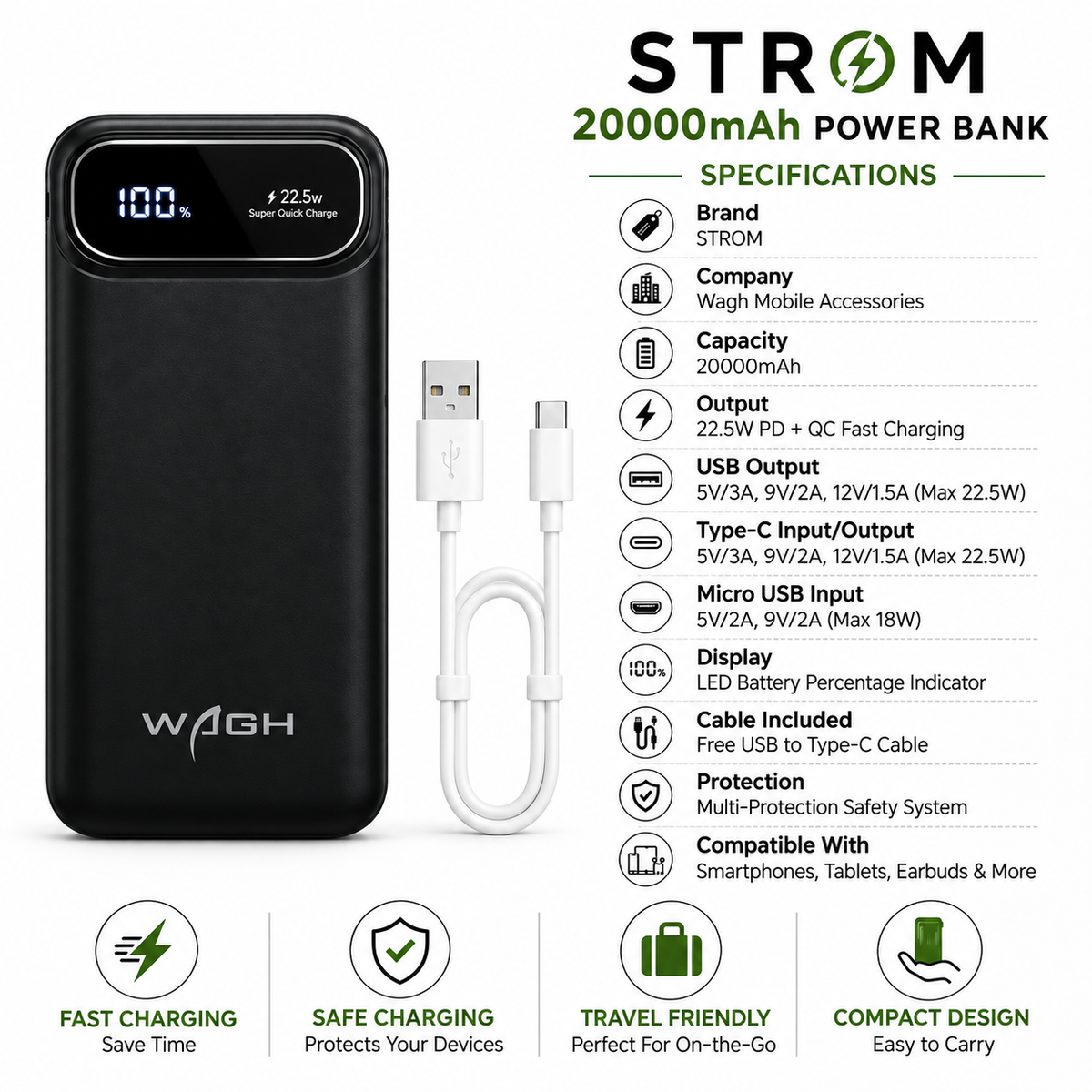 STROM 20000mAh Power Bank | 22.5W Fast Charging with LED Display