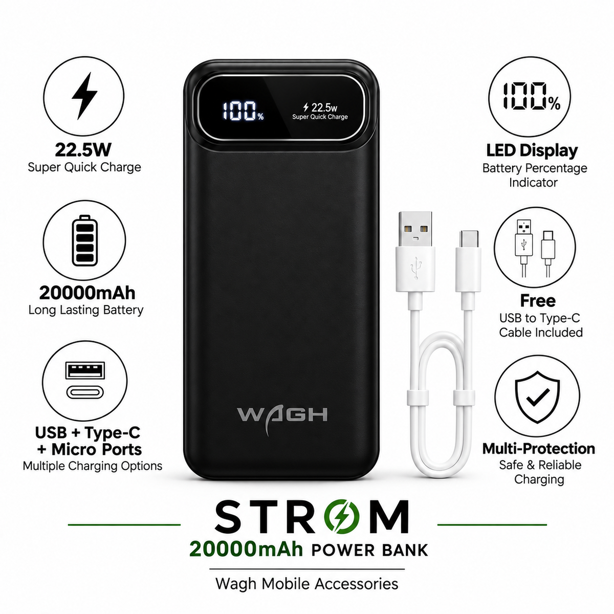 STROM 20000mAh Power Bank | 22.5W Fast Charging with LED Display
