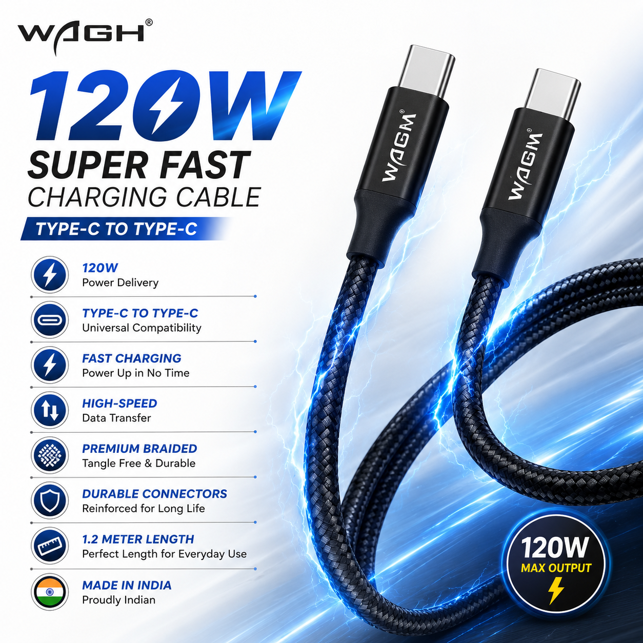 WAGH GRIPP 120W Super Fast Charging Type-C to Type-C Braided Cable (1.2m, Black)