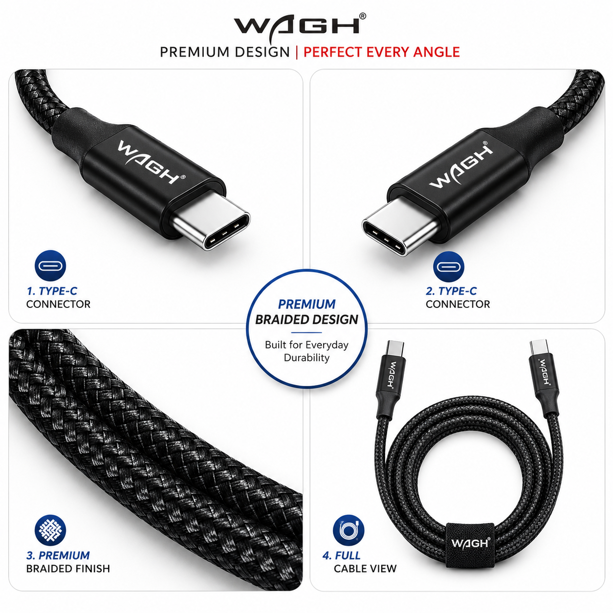 WAGH GRIPP 120W Super Fast Charging Type-C to Type-C Braided Cable (1.2m, Black)