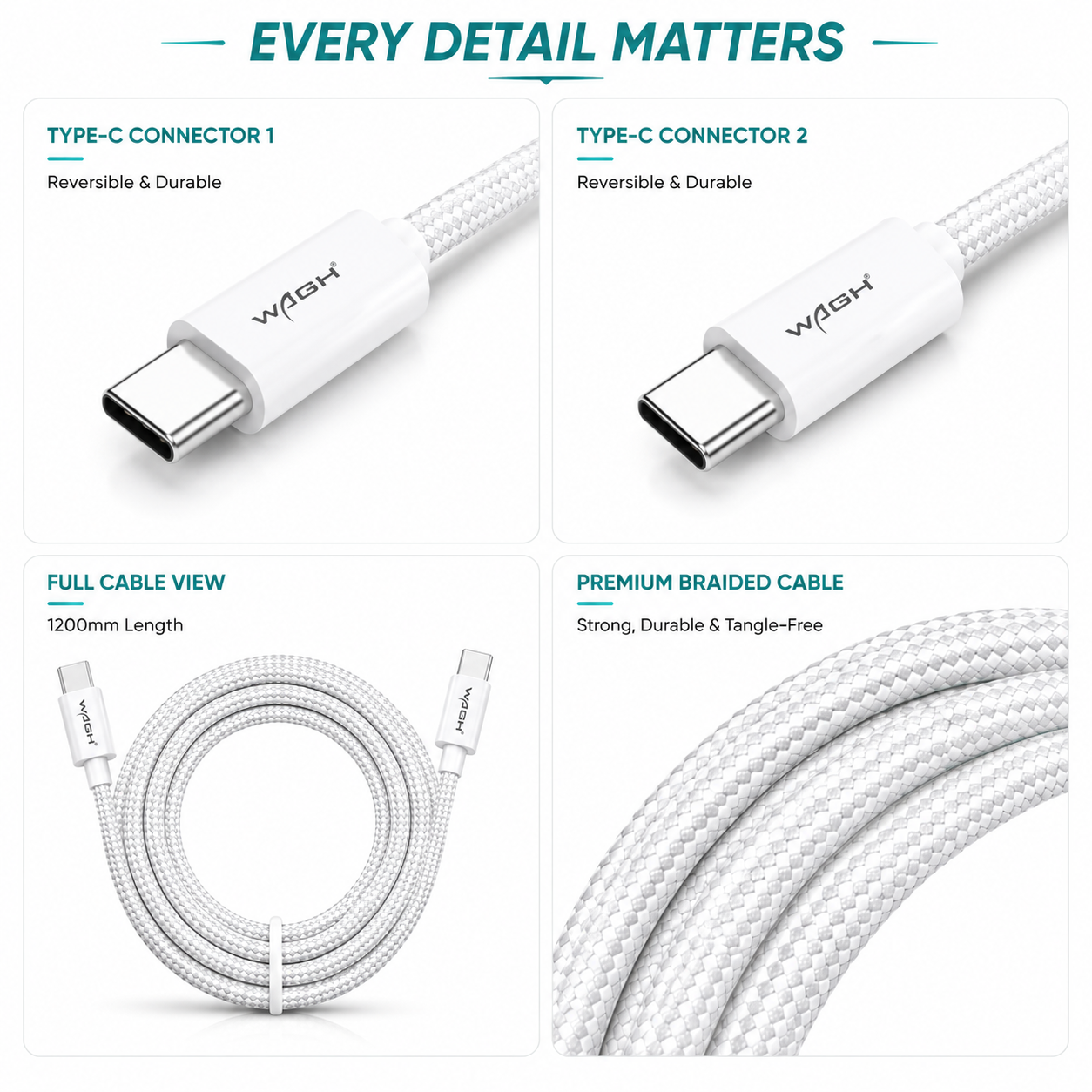WAGH GRIPP 120W Super Fast Charging Type-C to Type-C Braided Cable (1.2m, White)