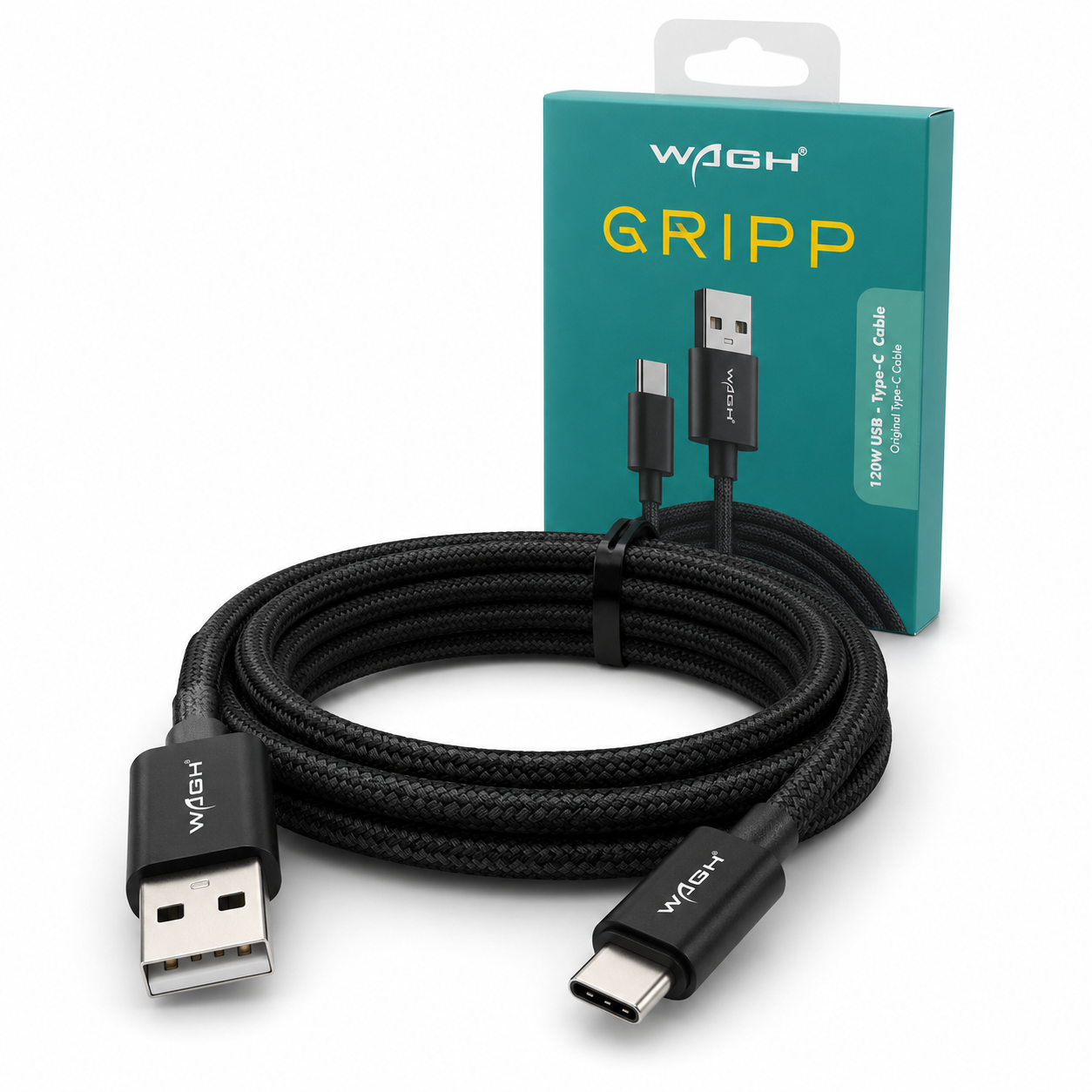 WAGH GRIPP 120W Fast Charging USB to Type-C Braided Cable (1.2m, Black)