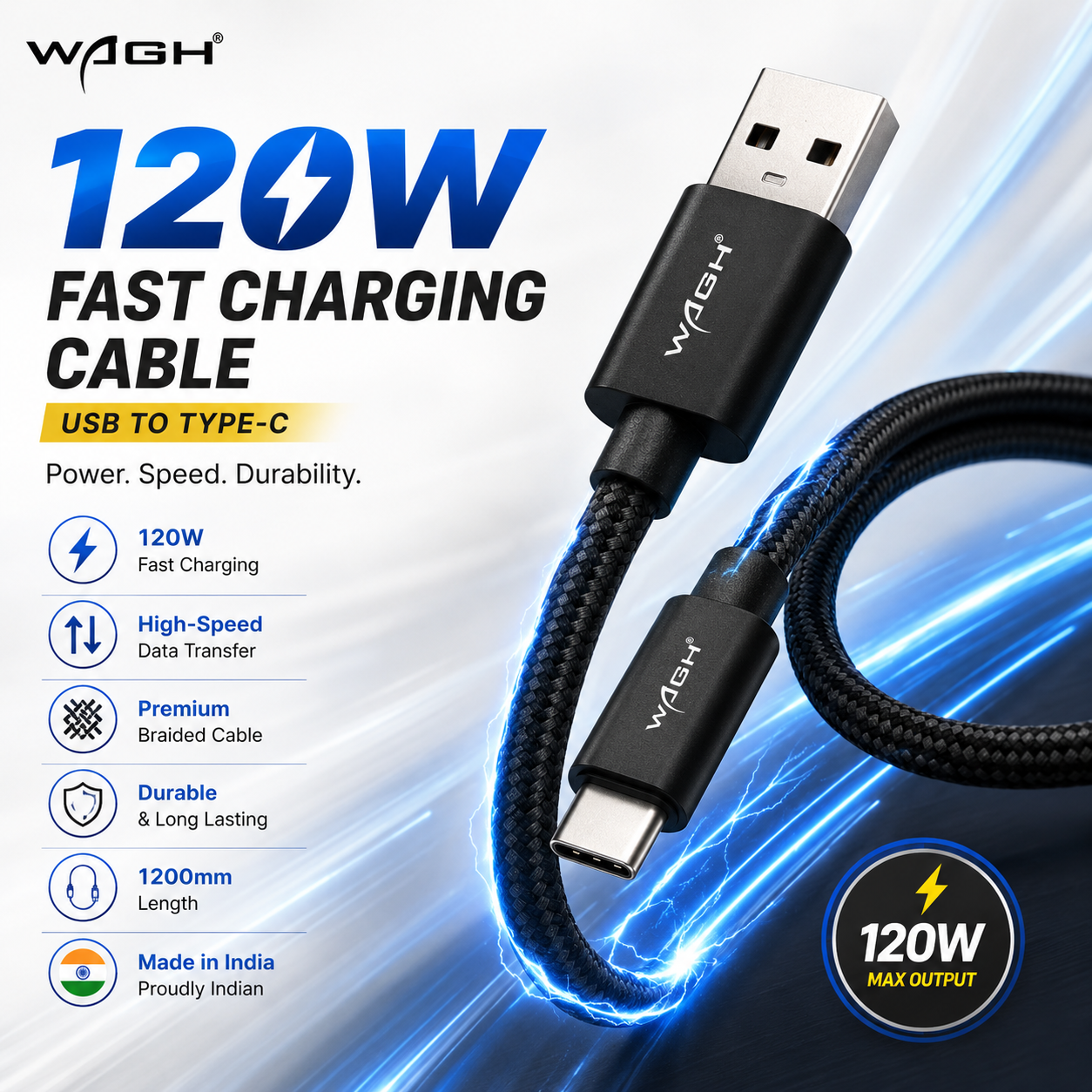 WAGH GRIPP 120W Fast Charging USB to Type-C Braided Cable (1.2m, Black)