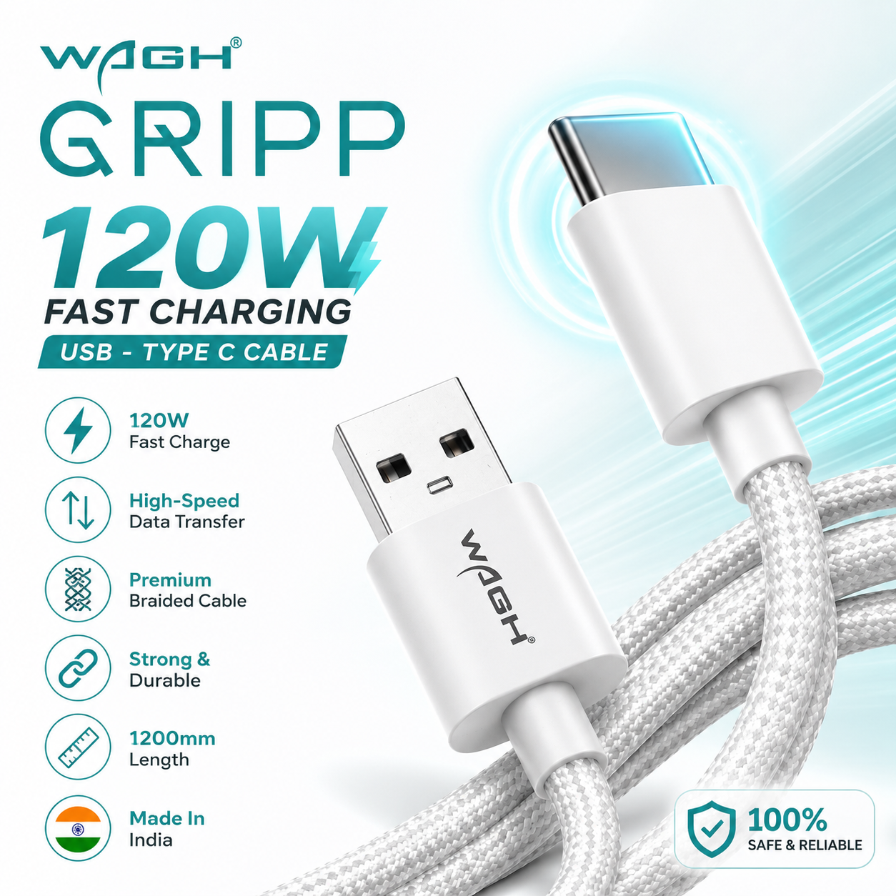 WAGH GRIPP 120W Fast Charging USB to Type-C Braided Cable (1.2m, White)