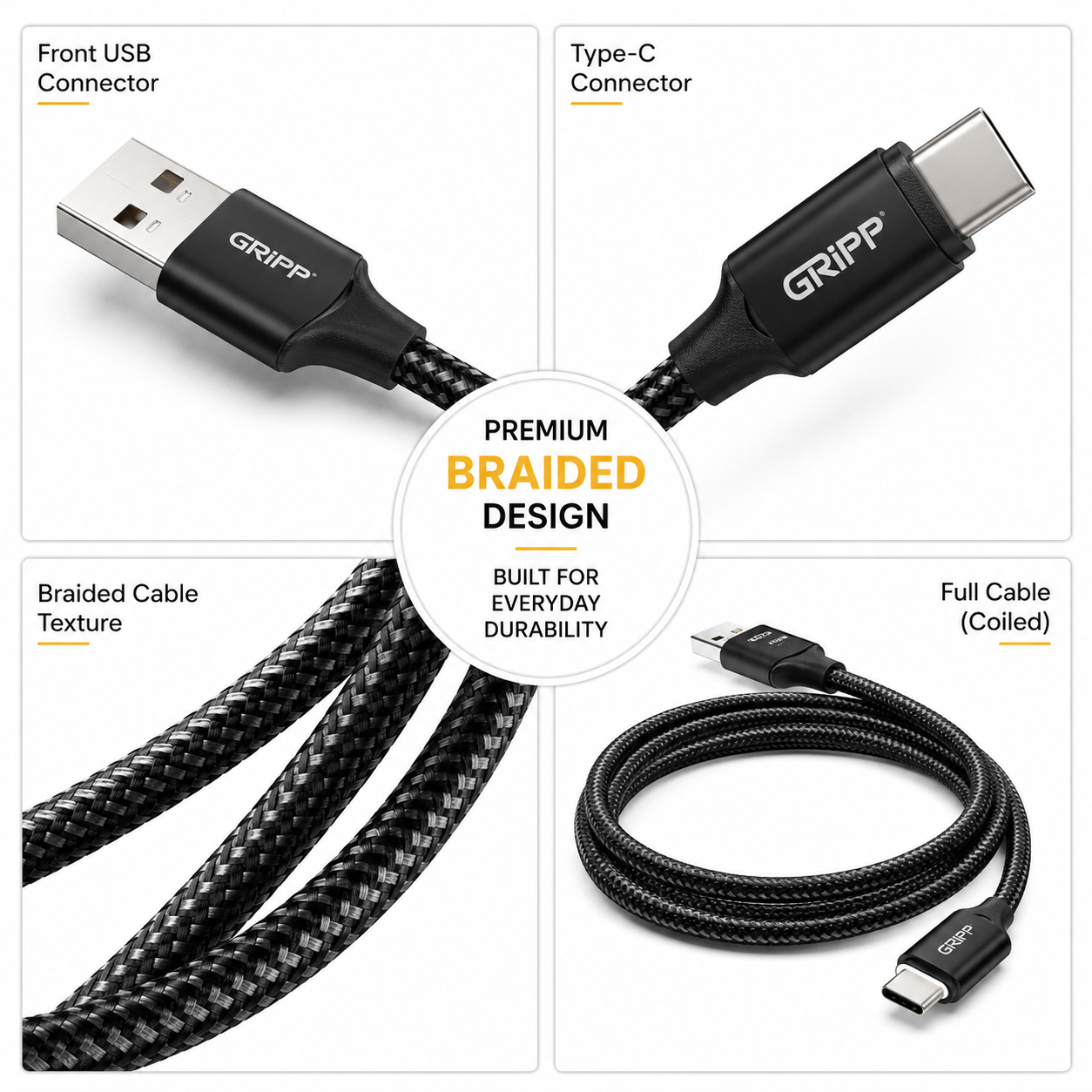 WAGH GRIPP 120W Fast Charging USB to Type-C Braided Cable (1.2m, Black)