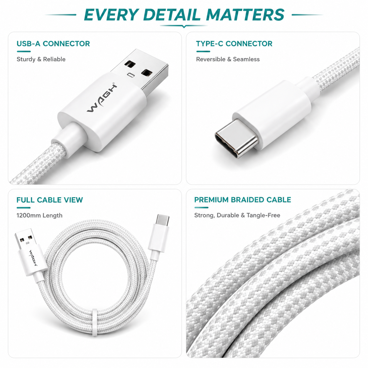 WAGH GRIPP 120W Fast Charging USB to Type-C Braided Cable (1.2m, White)
