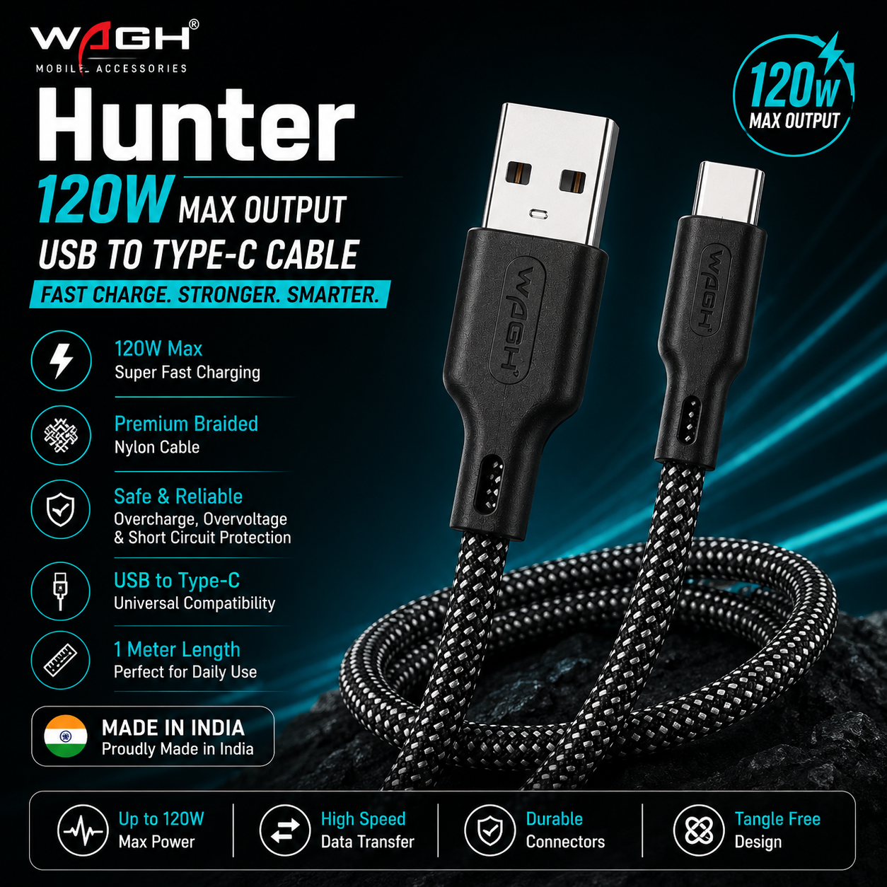 Wagh Mobile Accessories Hunter 120W USB to Type-C Cable | 1 Meter, Nylon Braided, Black