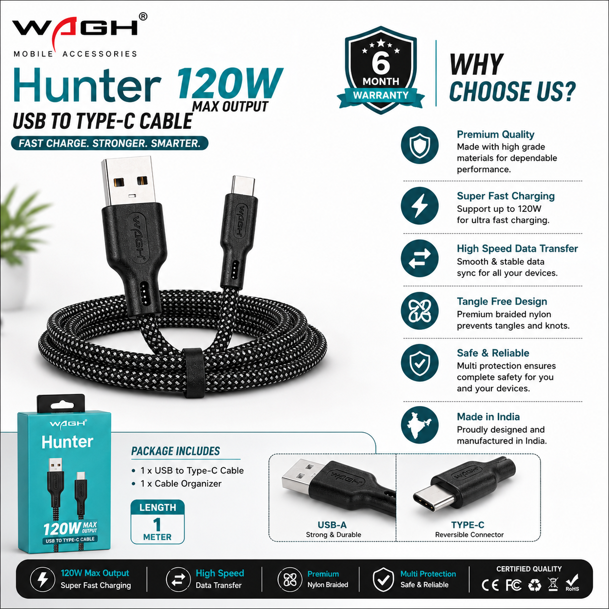 Wagh Mobile Accessories Hunter 120W USB to Type-C Cable | 1 Meter, Nylon Braided, Black
