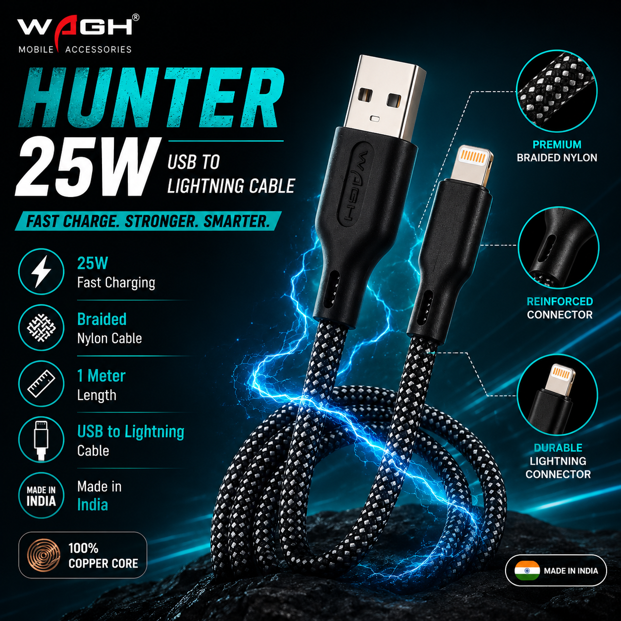 Wagh Mobile Accessories Hunter 25W USB to Lightning Cable | 1 Meter, Braided Nylon, Black