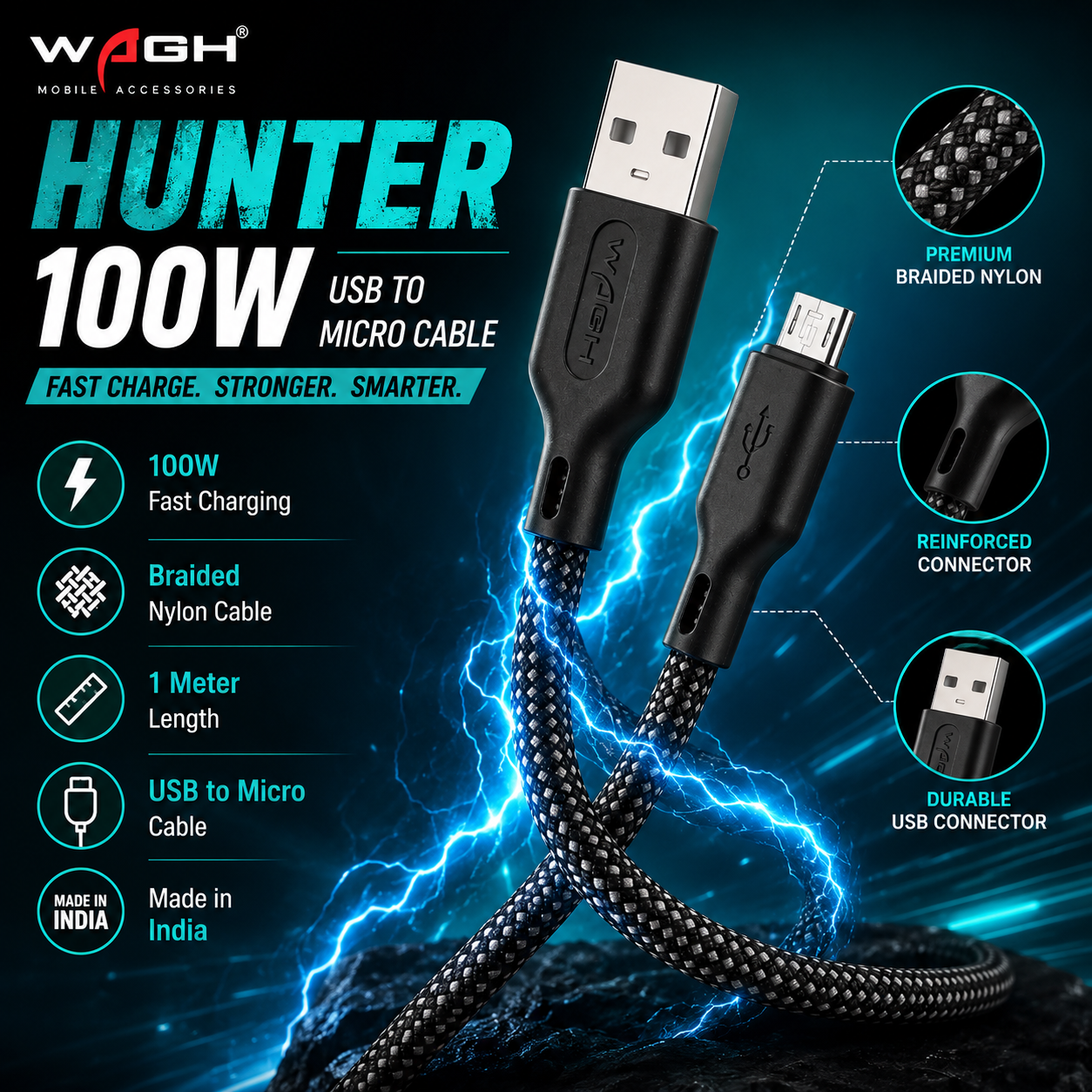 Wagh Mobile Accessories Hunter 100W USB to Micro Cable | 1 Meter, Braided Nylon, Black