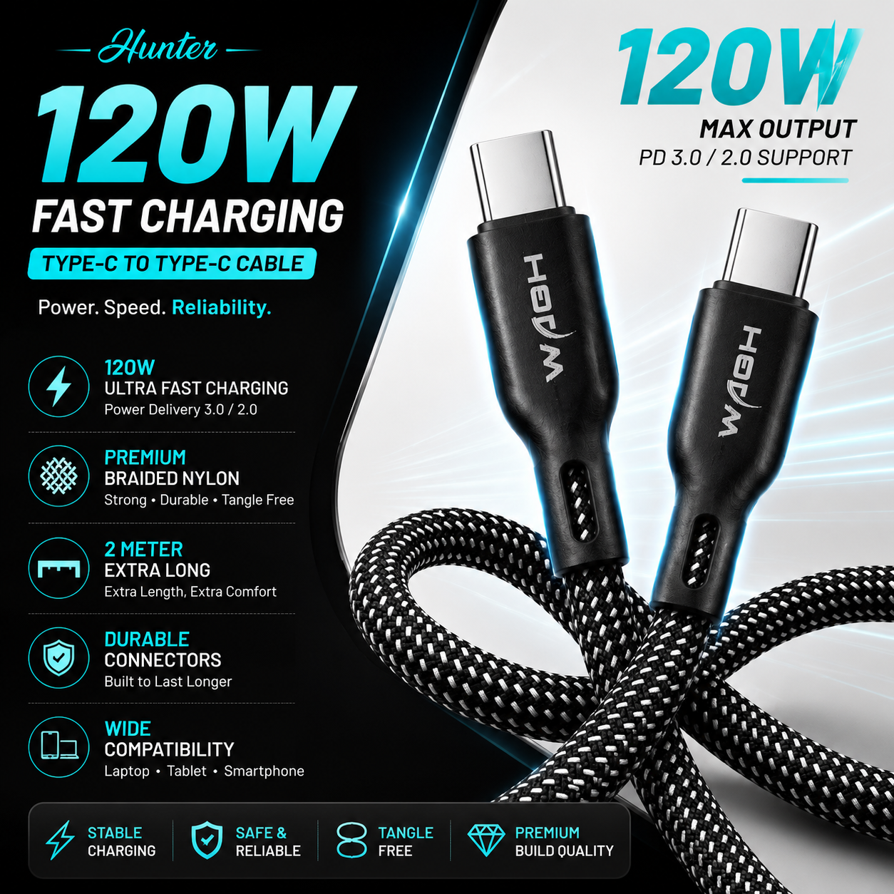 Wagh Mobile Accessories Hunter 120W Type-C to Type-C Cable | 2 Meter, Braided Nylon, Black