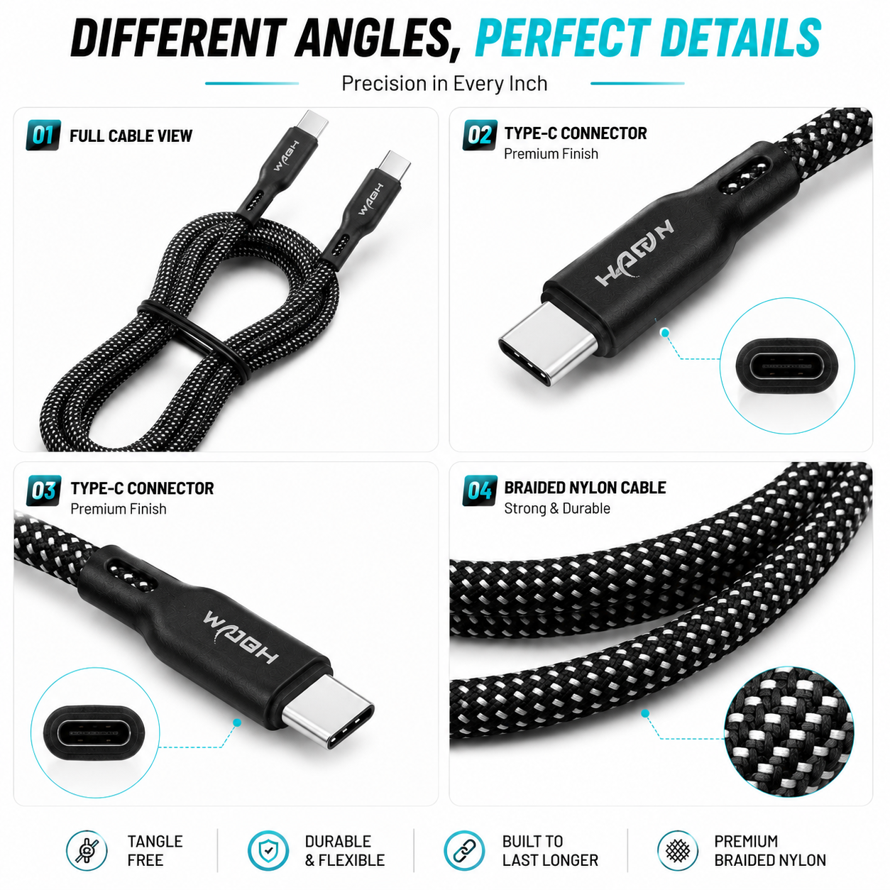 Wagh Mobile Accessories Hunter 120W Type-C to Type-C Cable | 2 Meter, Braided Nylon, Black