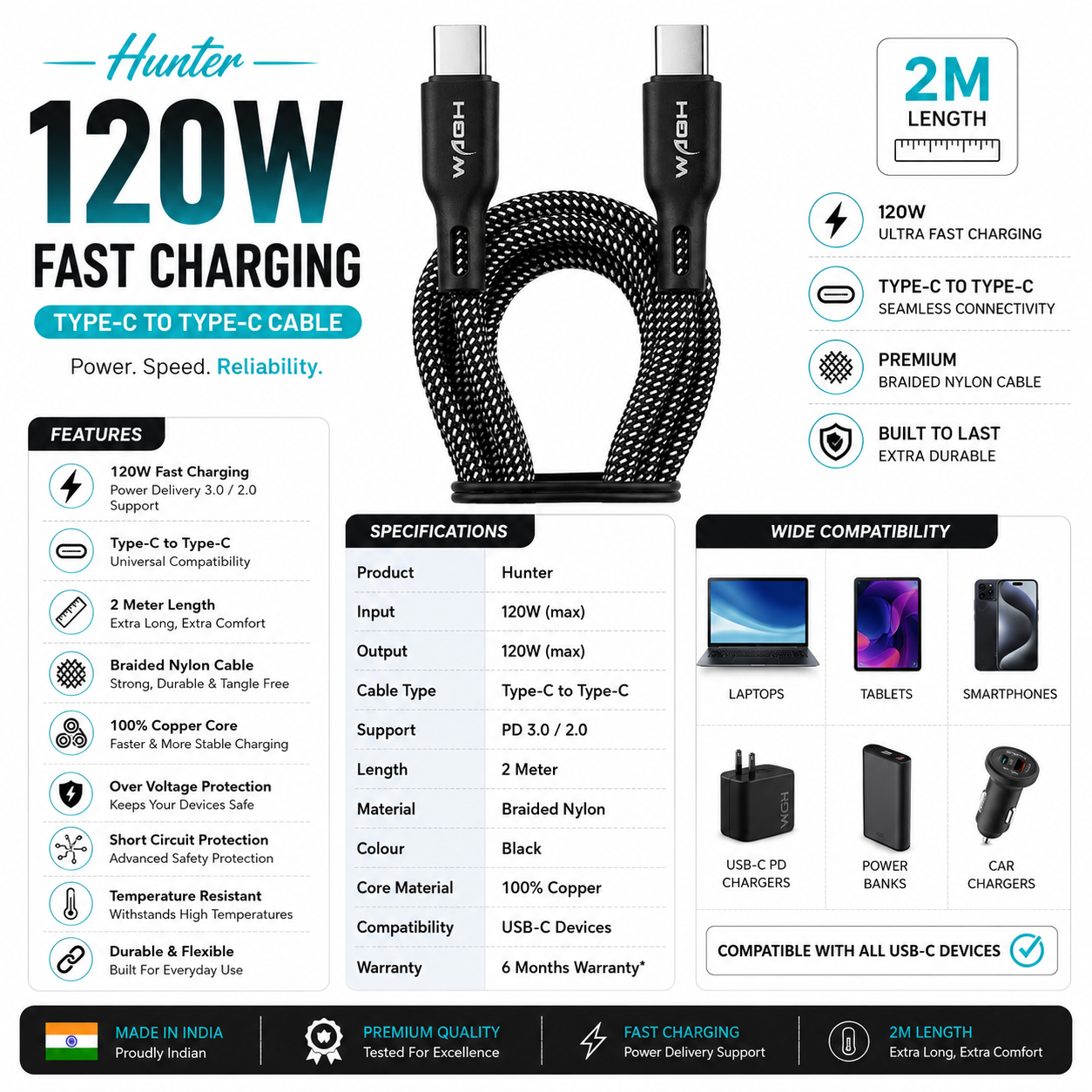 Wagh Mobile Accessories Hunter 120W Type-C to Type-C Cable | 2 Meter, Braided Nylon, Black
