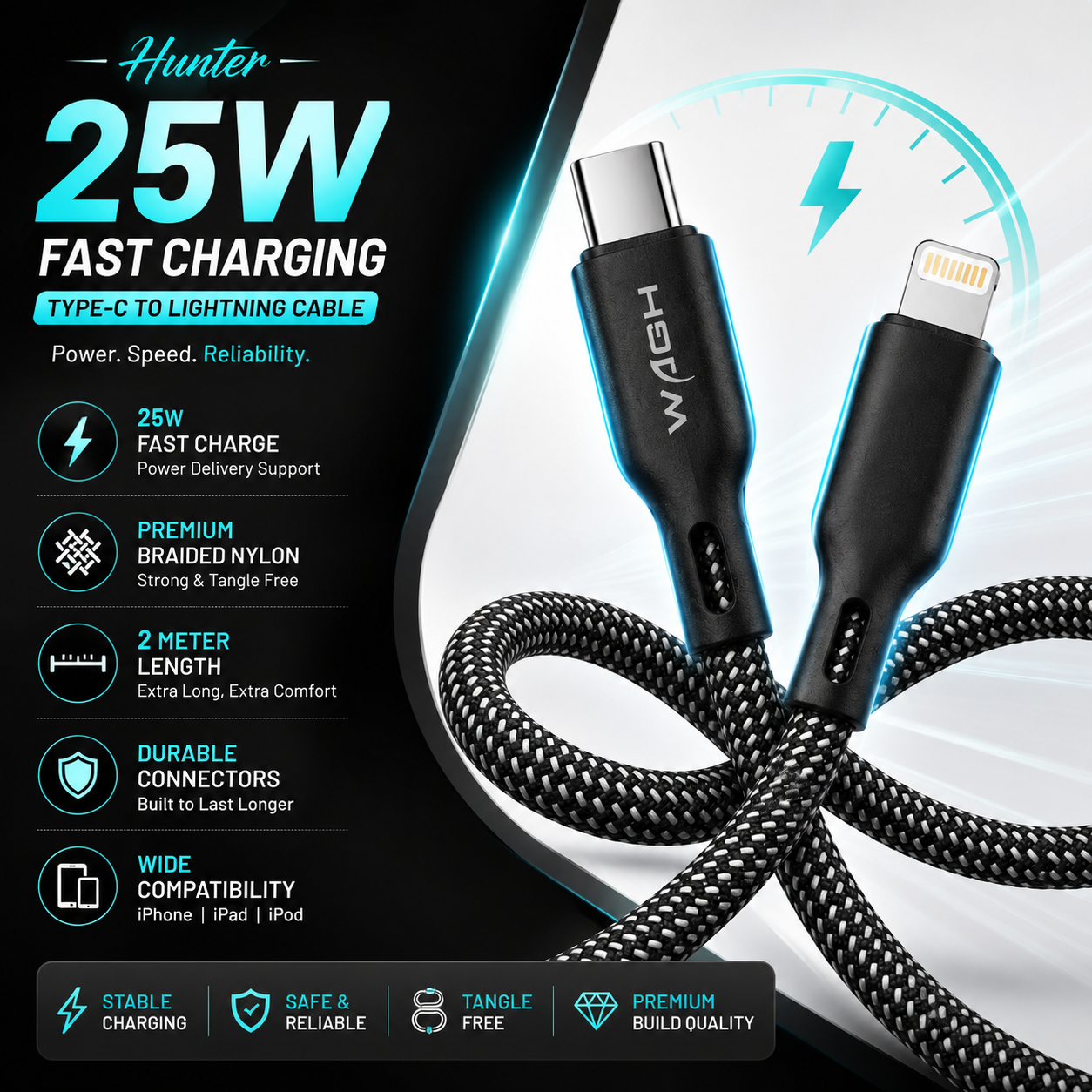 Wagh Mobile Accessories Hunter 25W Type-C to Lightning Cable | 2 Meter, Braided Nylon, Black
