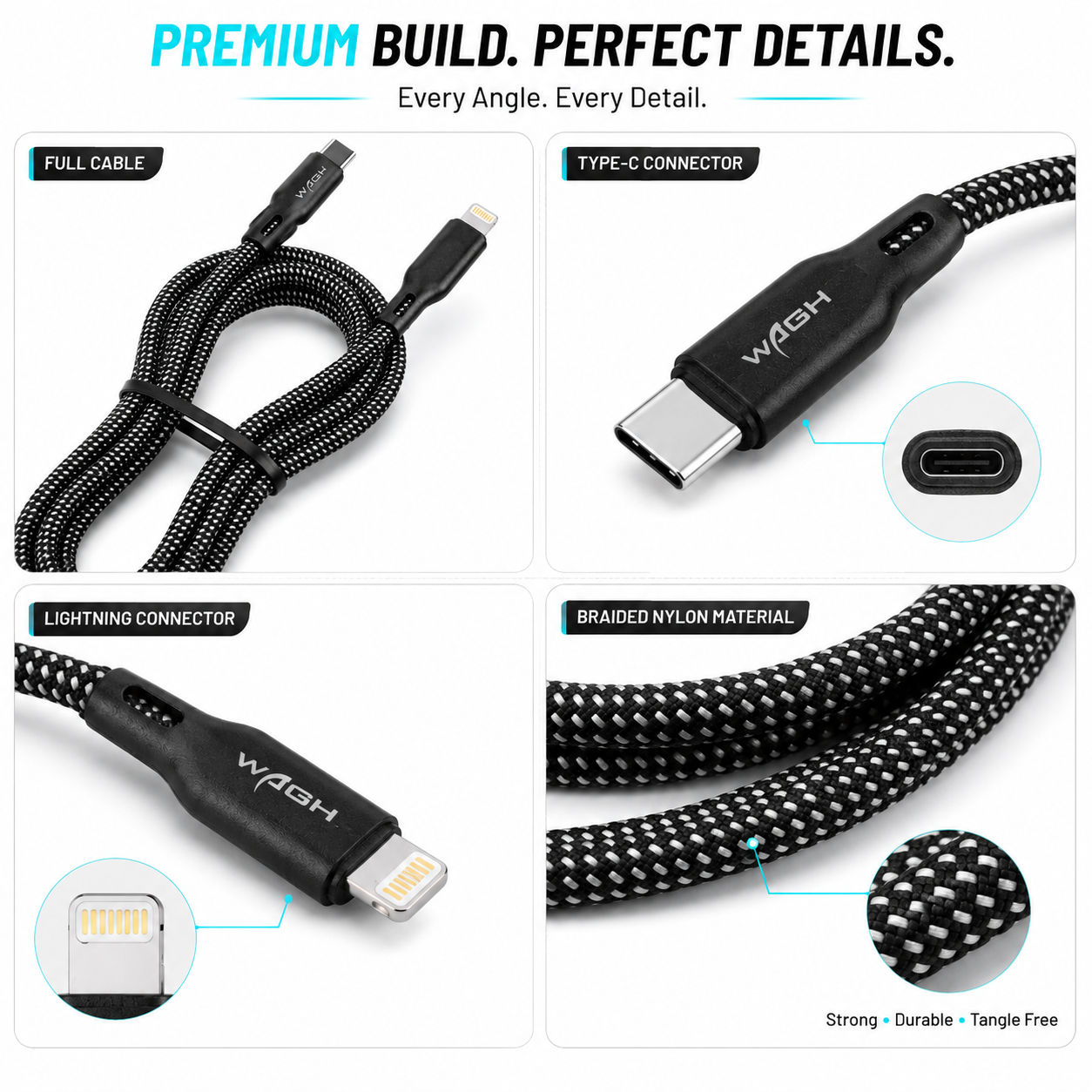 Wagh Mobile Accessories Hunter 25W Type-C to Lightning Cable | 2 Meter, Braided Nylon, Black
