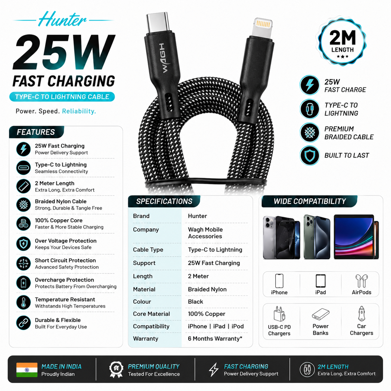 Wagh Mobile Accessories Hunter 25W Type-C to Lightning Cable | 2 Meter, Braided Nylon, Black