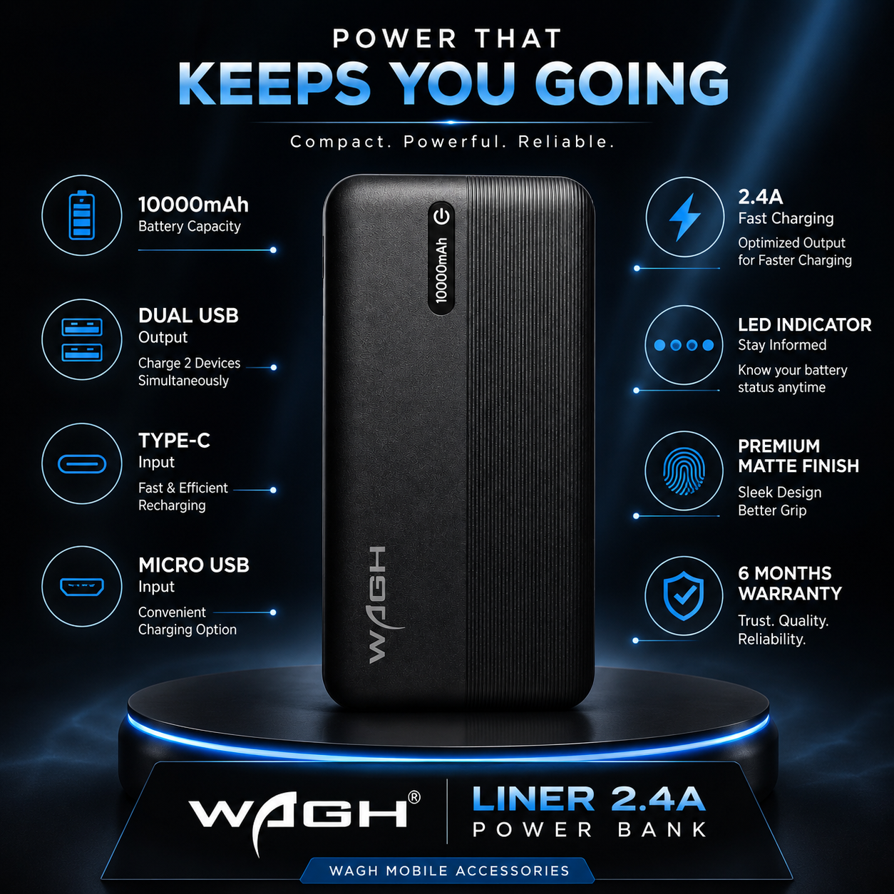 Wagh Liner 2.4A Power Bank 10000mAh - Black | Dual USB Output & 6 Months Warranty