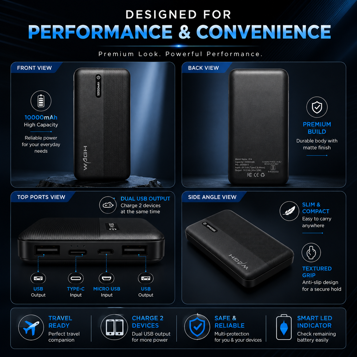 Wagh Liner 2.4A Power Bank 10000mAh - Black | Dual USB Output & 6 Months Warranty