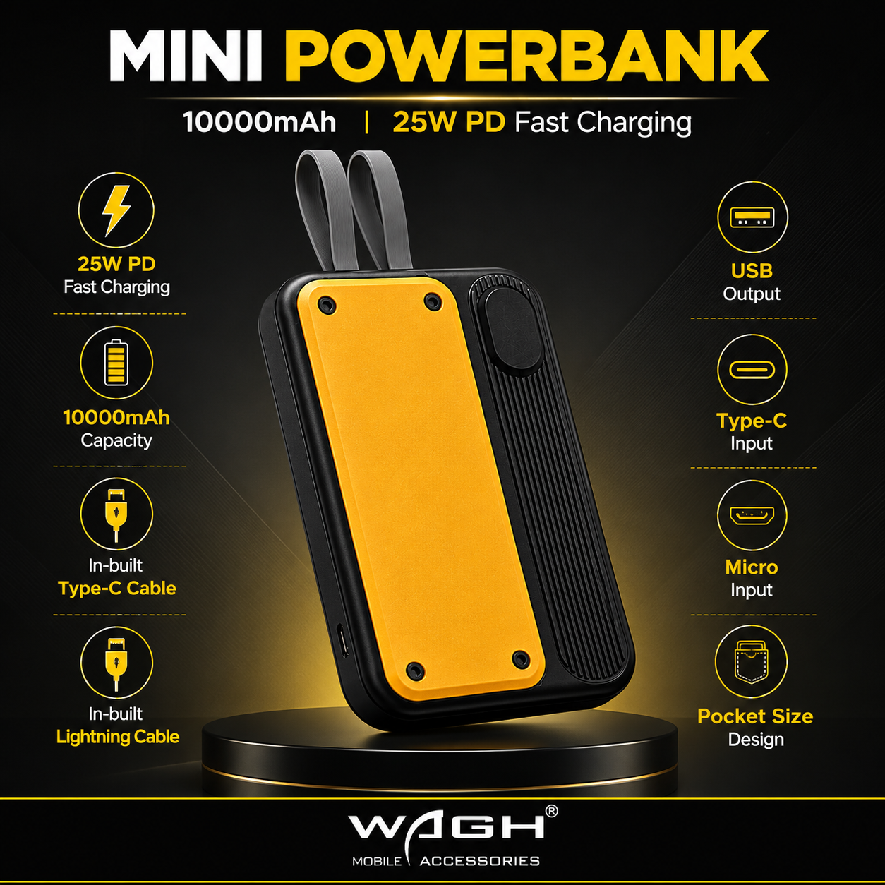 Title  WAGH Mini PowerBank 10000mAh with Built-in Type-C & Lightning Cables – 25W PD Fast Charging Portable Charger, Black