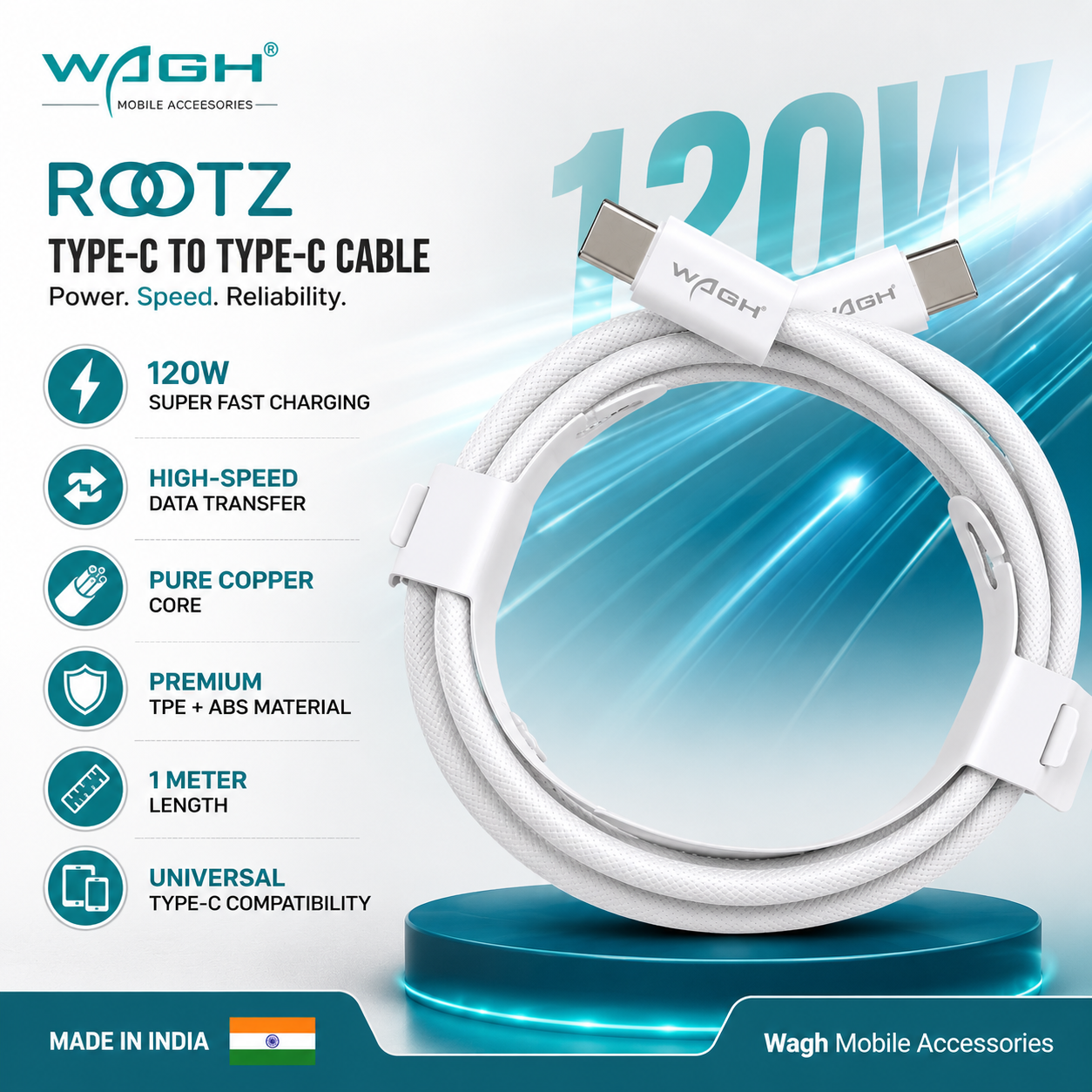 Wagh Mobile Accessories Rootz Type-C to Type-C Cable | 120W Super Fast Charge, 1 Meter (White)