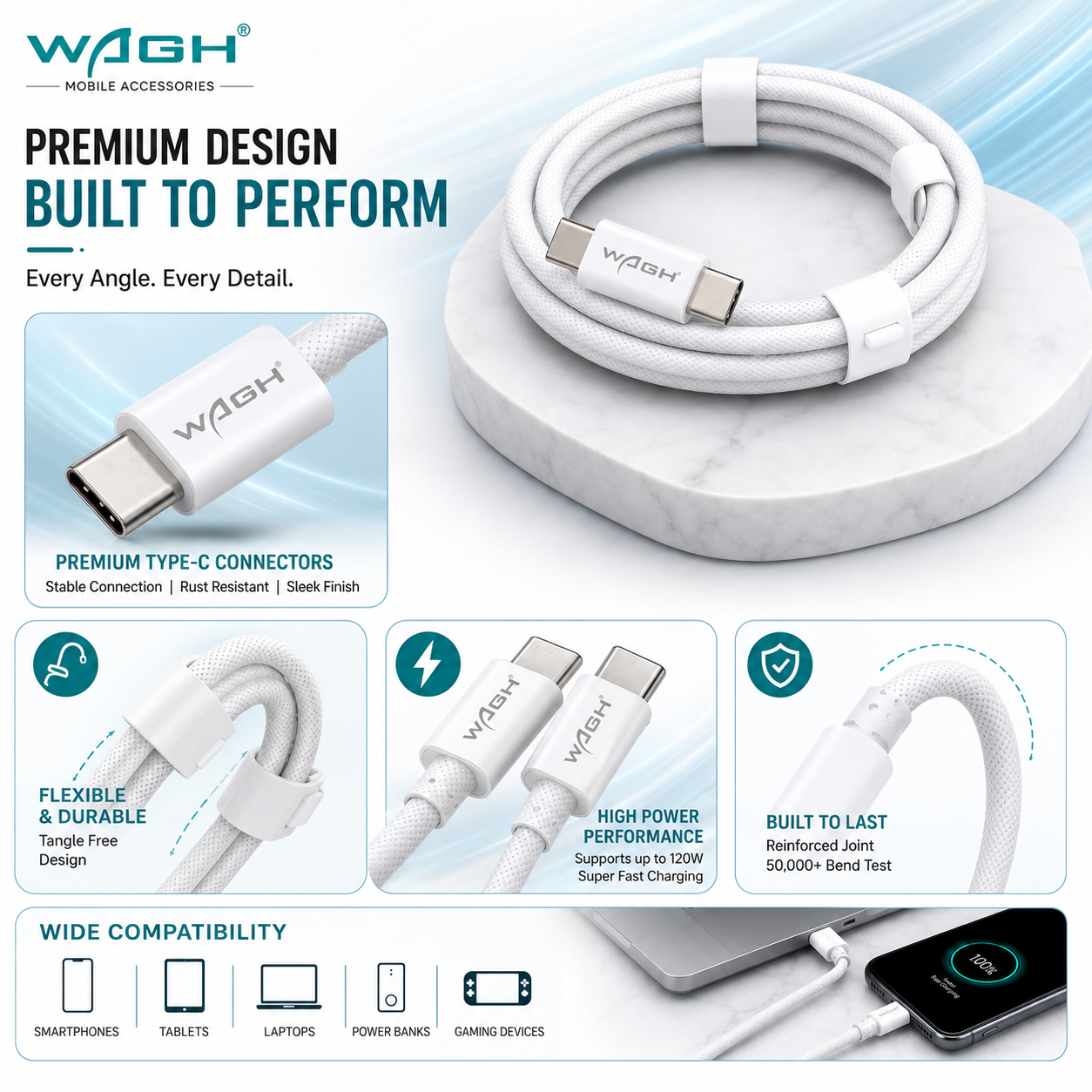 Wagh Mobile Accessories Rootz Type-C to Type-C Cable | 120W Super Fast Charge, 1 Meter (White)