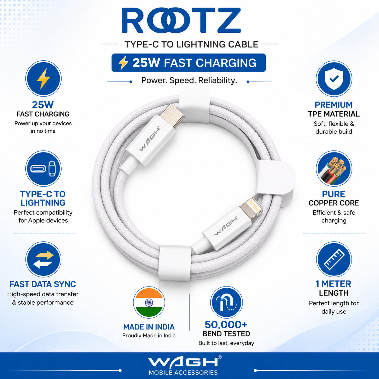 Rootz Type-C to Lightning Cable by Wagh Mobile Accessories | 25W Fast Charging, 1 Meter (White)
