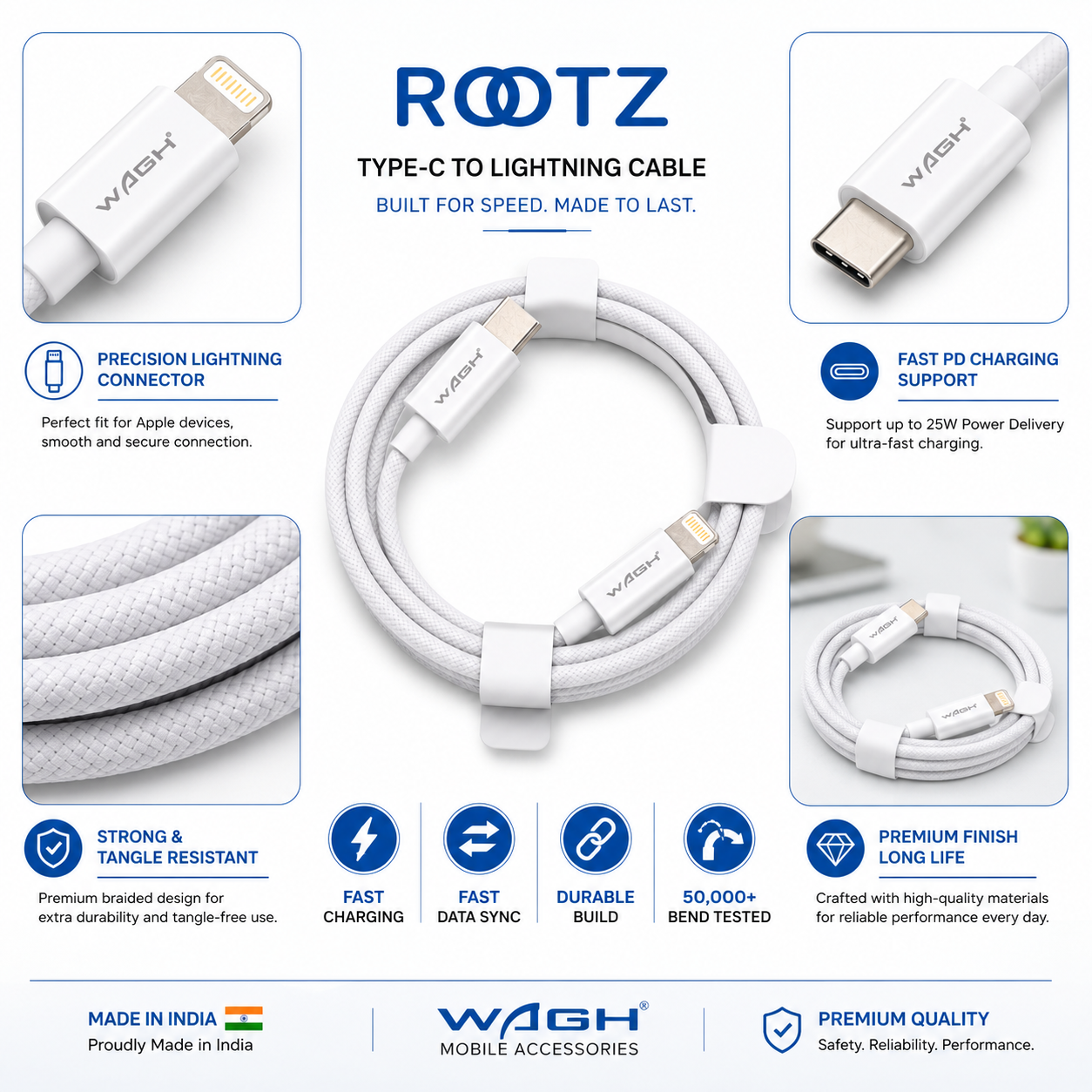 Rootz Type-C to Lightning Cable by Wagh Mobile Accessories | 25W Fast Charging, 1 Meter (White)