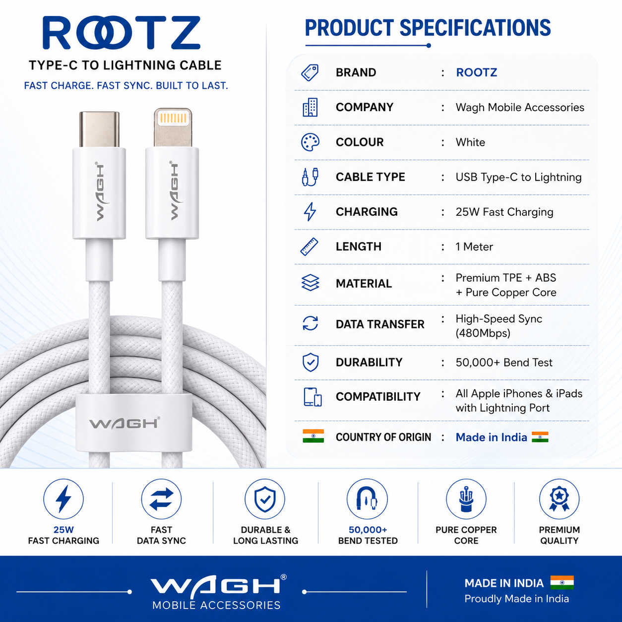 Rootz Type-C to Lightning Cable by Wagh Mobile Accessories | 25W Fast Charging, 1 Meter (White)