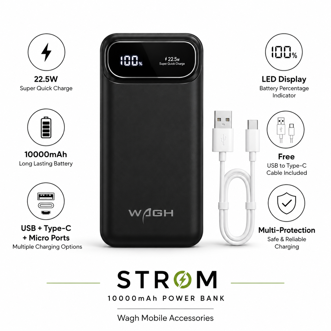 STROM 10000mAh Power Bank | 22.5W Fast Charging with LED Display