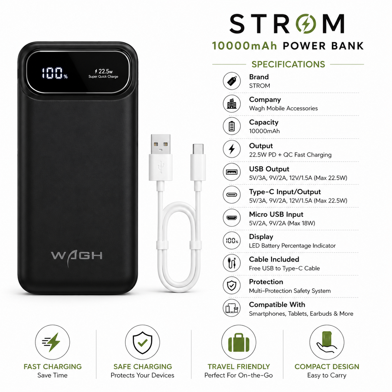 STROM 10000mAh Power Bank | 22.5W Fast Charging with LED Display