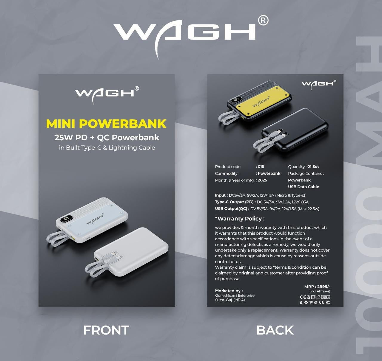 Wagh 10000 mAh Type-C & Lightning Mini Power Bank
