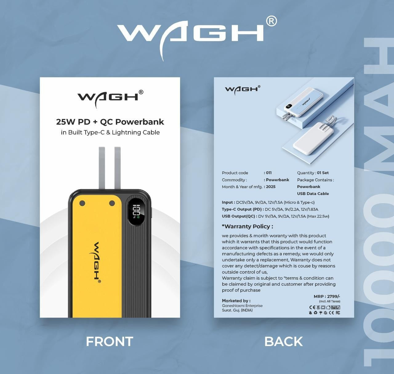 Wagh 10000mAh Type-C & Lightning Mini Power Bank