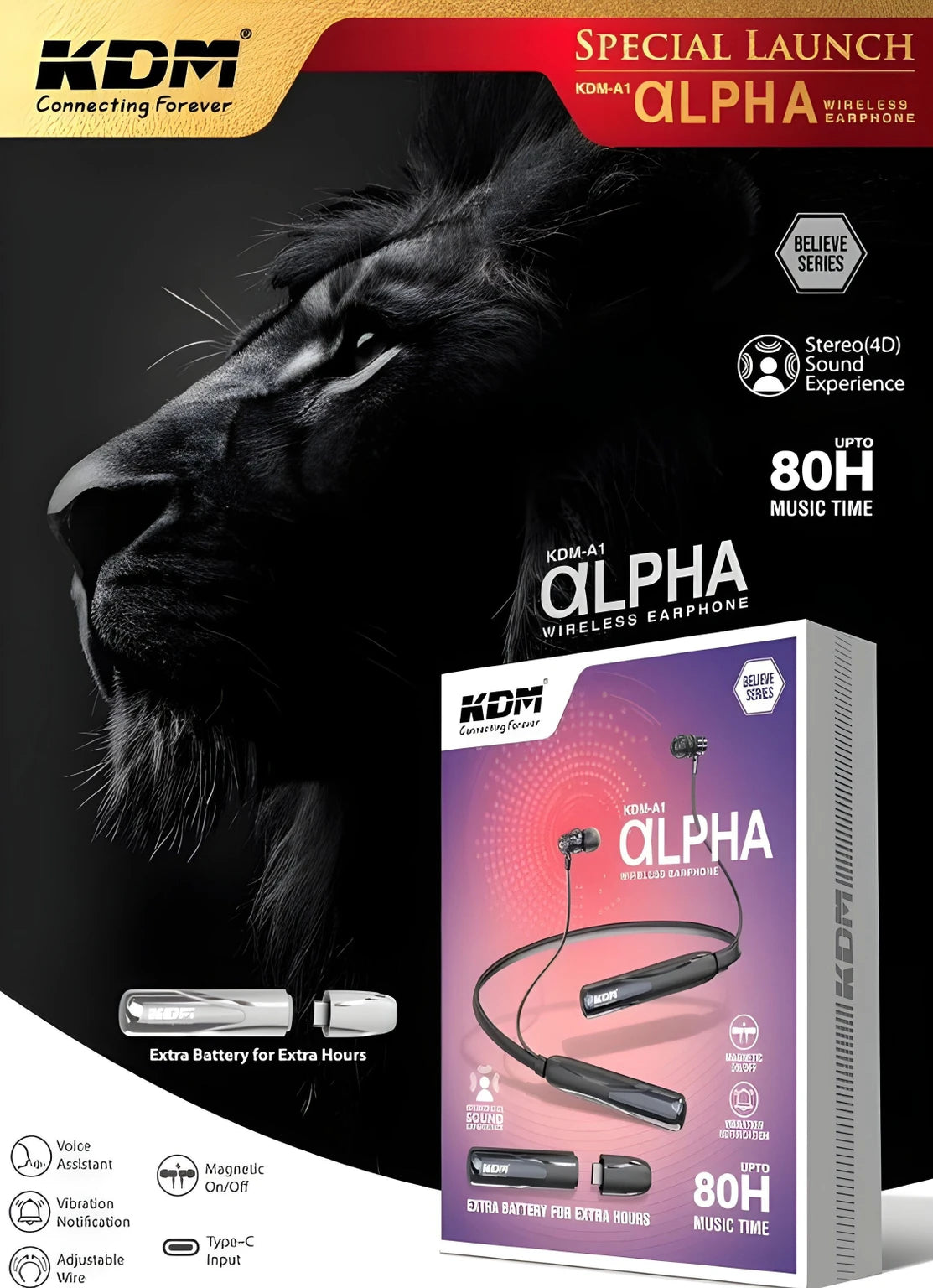 KDM A1 Alpha Wireless V5.4 Upto 80 HRS Music Time 300mAh Battery Bluetooth Headset (Blue, In the Ear)